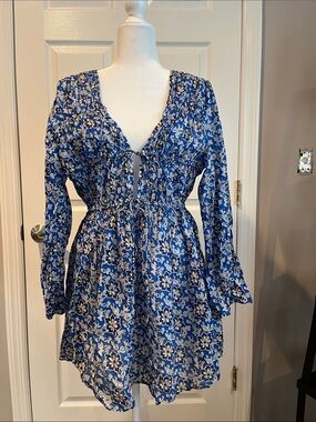 J. Crew Blue and White Floral Tie-Front Swim Coverup